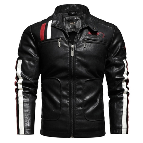 Autumn and Winter Letters Embroidery Pattern Tight-fitting Motorcycle Leather Jacket for Men (Color:Black Size:M)