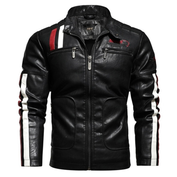 Autumn and Winter Letters Embroidery Pattern Tight-fitting Motorcycle Leather Jacket for Men (Color:Black Size:XXL)