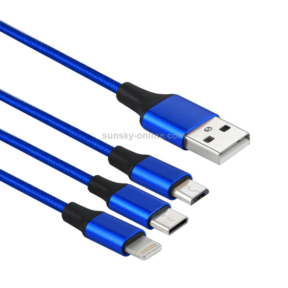 2A 1.2m 3 in 1 USB to 8 Pin & USB-C / Type-C & Micro USB Nylon Weave Charging Cable, For iPhone / iPad / Galaxy / Huawei / Xiaomi / LG / HTC / Meizu and Other Smart Phones(Blue)