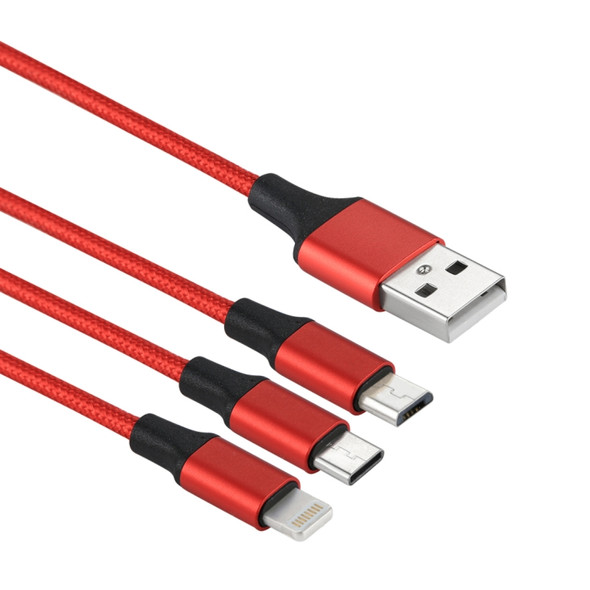 2A 1.2m 3 in 1 USB to 8 Pin & USB-C / Type-C & Micro USB Nylon Weave Charging Cable, For iPhone / iPad / Galaxy / Huawei / Xiaomi / LG / HTC / Meizu and Other Smart Phones(Red)