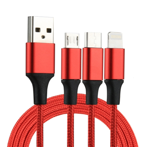 2A 1.2m 3 in 1 USB to 8 Pin & USB-C / Type-C & Micro USB Nylon Weave Charging Cable, For iPhone / iPad / Galaxy / Huawei / Xiaomi / LG / HTC / Meizu and Other Smart Phones(Red)