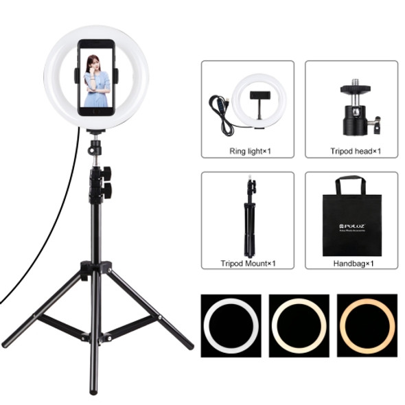 PULUZ 7.9 inch 20cm Light+ 1.1m Tripod Mount USB 3 Modes Dimmable Dual Color Temperature LED Curved Light Ring Vlogging Selfie Photography Video Lights with Phone Clamp(Black)
