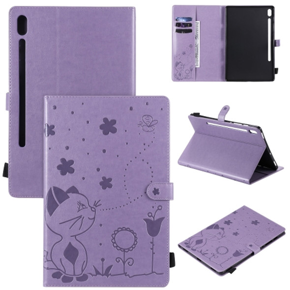 For Samsung Galaxy Tab S6 T860 Cat Bee Embossing Pattern Shockproof Table PC Protective Horizontal Flip Leather Case with Holder & Card Slots & Wallet & Pen Slot & Wake-up / Sleep Function(Purple)
