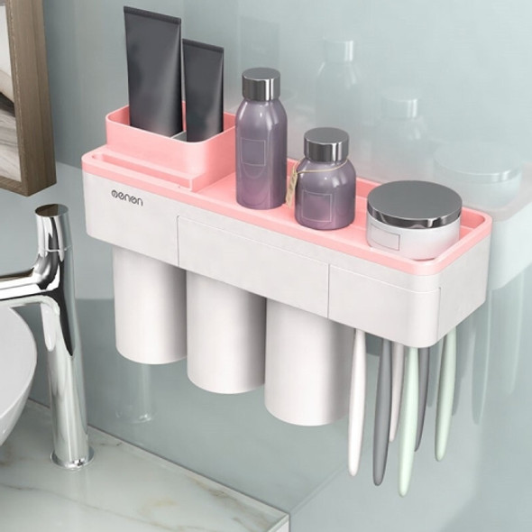 Free Punching Toothbrush Holder Set Bathroom Shelf, Style:3 Cups(Pink)