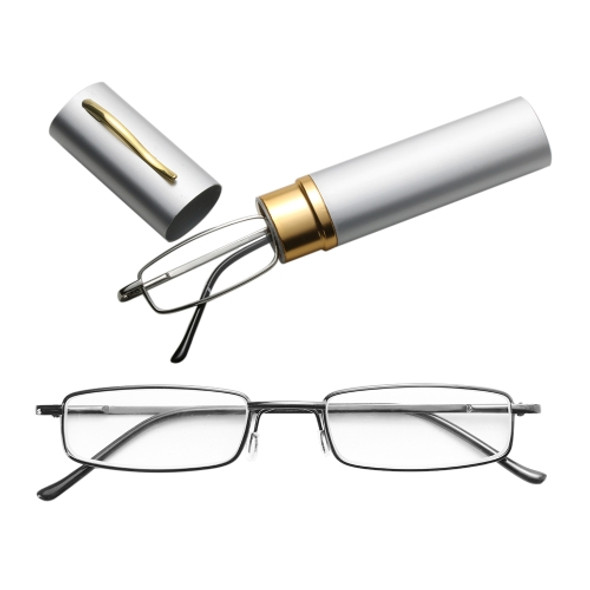 Reading Glasses Metal Spring Foot Portable Presbyopic Glasses with Tube Case +4.00D(Silver Gray )