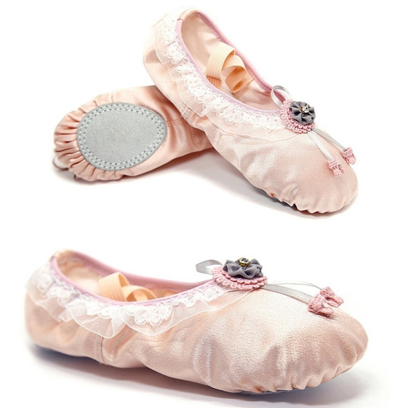 Crystal Satin Flower Decoration Dance Shoes Soft Sole Ballet Shoes Practice Dance Shoes For Children, Size: 35(Flesh Pink with Diamond)