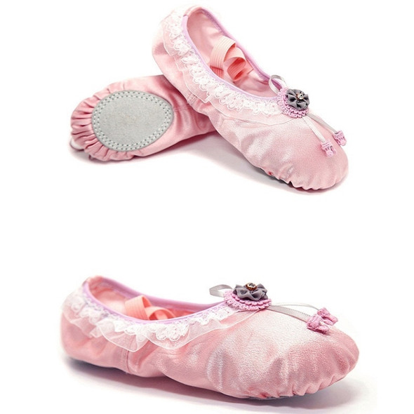 Crystal Satin Flower Decoration Dance Shoes Soft Sole Ballet Shoes Practice Dance Shoes For Children, Size: 26(Pink with Diamond)