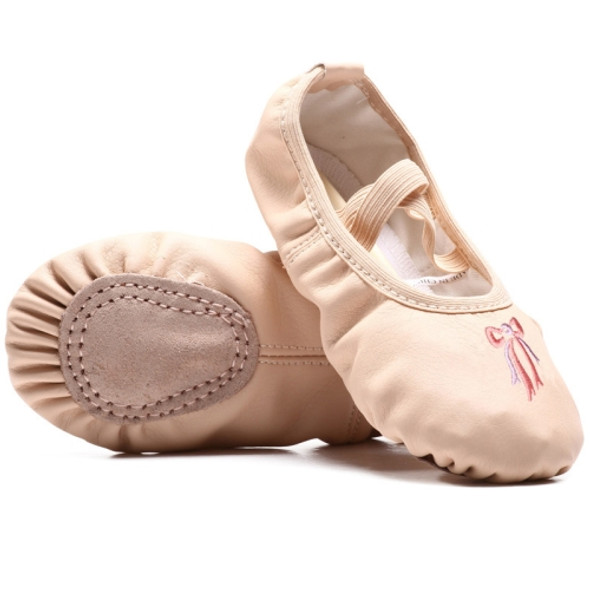 Crystal Satin Flower Decoration Dance Shoes Soft Sole Ballet Shoes Practice Dance Shoes For Children, Size: 33(PU Flesh Pink Bow )