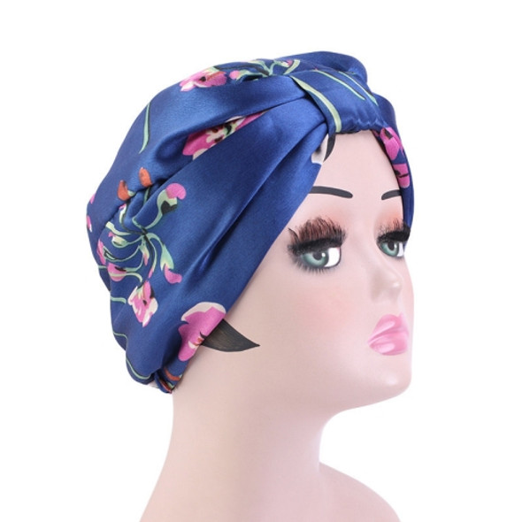 3 PCS TJM-470 Satin Printed Double-Layer Turban Cap Silk Night Cap Hair Care Cap Chemotherapy Hat, Size: One Size(Navy Flower)