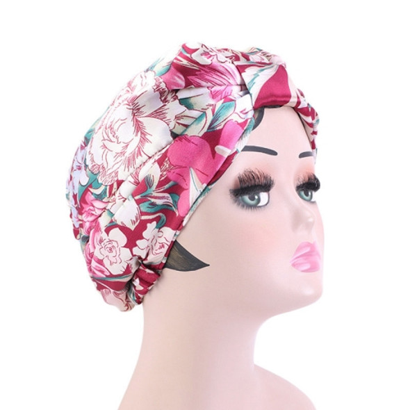 3 PCS TJM-470 Satin Printed Double-Layer Turban Cap Silk Night Cap Hair Care Cap Chemotherapy Hat, Size: One Size(Red Wine Flower)