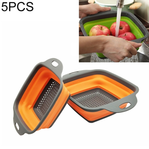 5 Sets Square Foldable Drain Basket Set Kitchen Silicone Fruit Vegetables Retractable Filter, Specification: Small + Large(Orange)