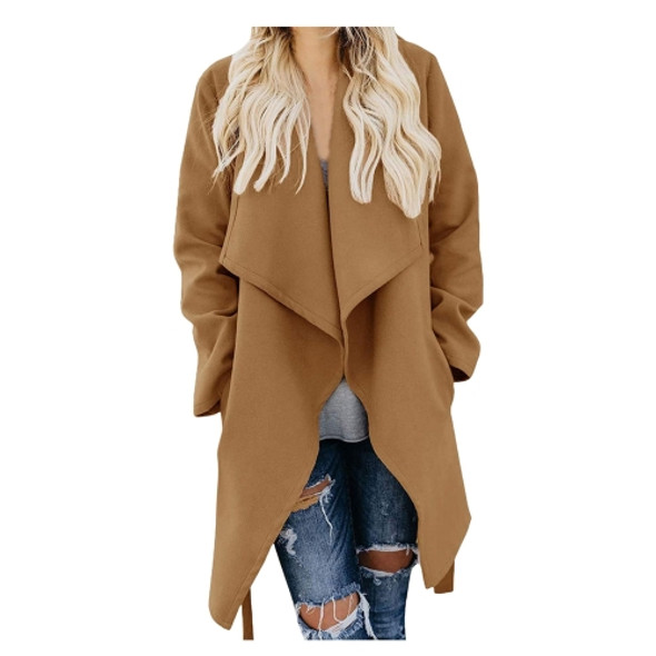 Women Woolen Coat Mid-length Windbreaker (Color:Coffee Size:S)