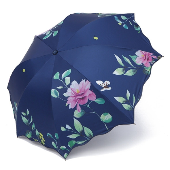 Sun-shading Anti-ultraviolet Sun Umbrella Foldable Forest Retro Printing Sun and Rain Dual-use Umbrella(Dark Blue)