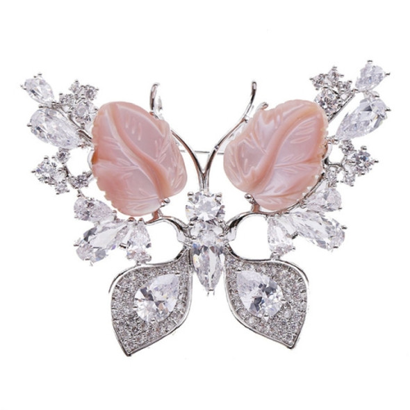 Butterfly Brooch Natural Shell Animal Corsage Female Zircon Suit Accessories(Silver)