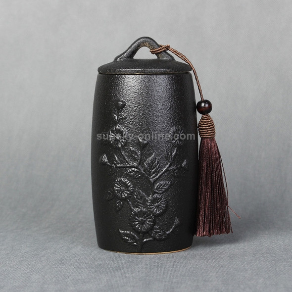 Chrysanthemum Pattern Stoneware Tea Cans Storage Tanks Ceramic Tea Set Tea Ceremony Accessories(Black)