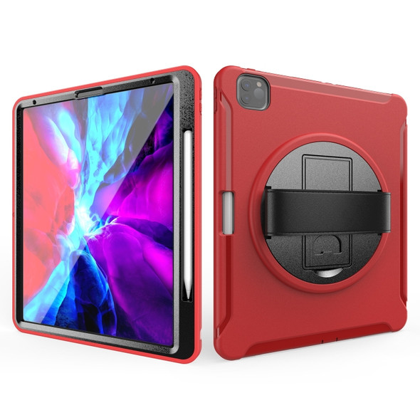 For iPad Pro 12.9 inch (2020) 360 Degree Rotation PC+TPU Protective Cover with Holder & Hand Strap & Pen Slot(Red)