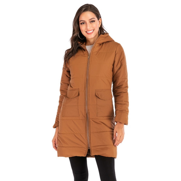 Women Long Hooded Cotton Jacket (Color:Brown Size:XL)