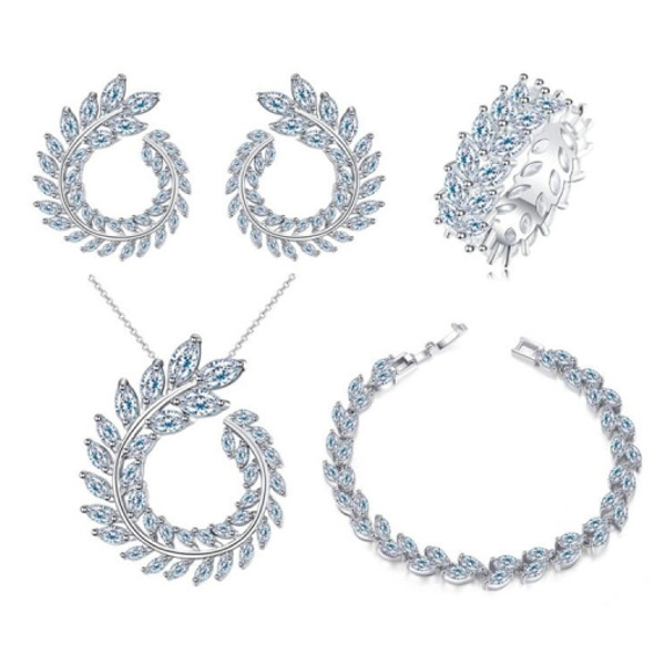 4 PCS/Set Leaf Shape Fashion CZ Necklace Earring Bracelet and Ring Sets, Ring  Size:8