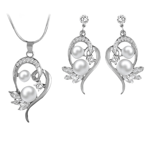 Fashion Cute Flower Simulated Pearl Crystal Wedding Jewelry Sets for Women(Silver)
