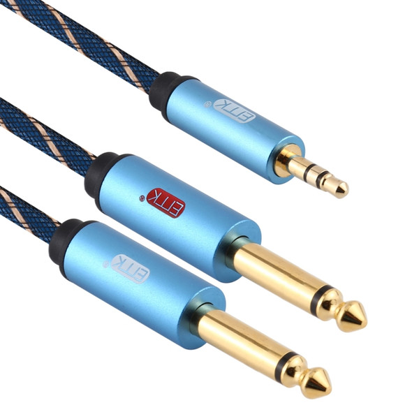 EMK 3.5mm Jack Male to 2 x 6.35mm Jack Male Gold Plated Connector Nylon Braid AUX Cable for Computer / X-BOX / PS3 / CD / DVD, Cable Length:1.5m(Dark Blue)