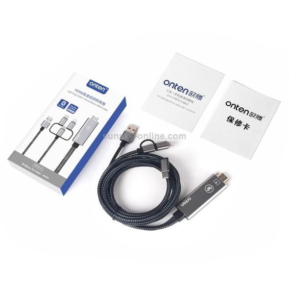 Onten 7539 3 in 1 Micro USB + USB-C / Type-C + 8 Pin to HDMI 2K HD Adapter Cable, Cable Length: 1.8m