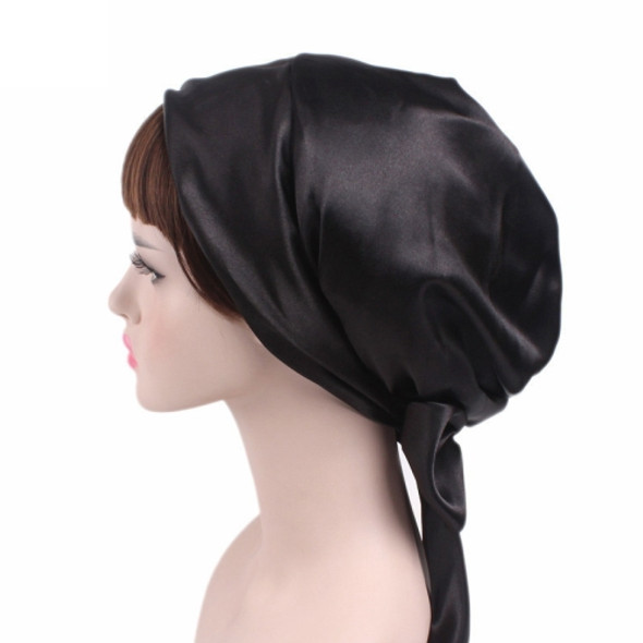 2 PCS TJM-226 Ladies Satin Print Ribbon Bow Turban Hat Night Cap Silk Chemotherapy Hat Long Tail Braid Hat(Black)