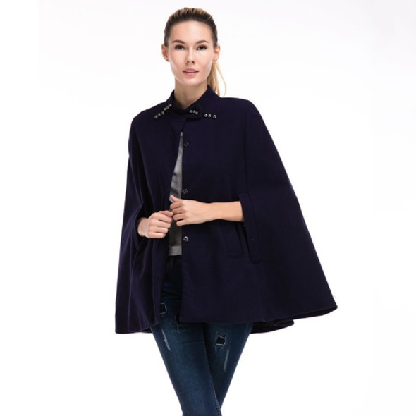 Women Woolen Stand-up Collar Sleeveless Cloak Trench Coat (Color:Navy Blue Size:S)