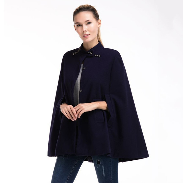 Women Woolen Stand-up Collar Sleeveless Cloak Trench Coat (Color:Navy Blue Size:S)