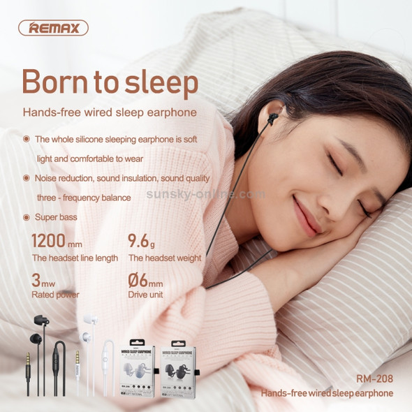 REMAX RM-208 In-Ear Stereo Sleep Earphone with Wire Control + MIC, Support Hands-free(Black)