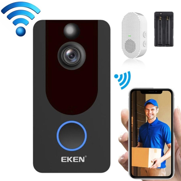 EKEN V7 1080P Wireless WiFi Smart Video Doorbell, Support Motion Detection & Infrared Night Vision & Two-way Voice, Package 3: Doorbell + 2 x 18650 Batteries + Dual Slots Battery Charger + Chime(Black)