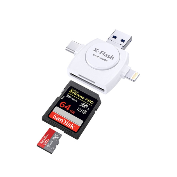 X-Flash R01 3 in 1 8 Pin + USB-C / Type-C + Micro USB Interface SD / TF Card Reader(White)