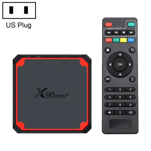 X96 mini+ 4K Smart TV BOX Android 9.0 Media Player wtih Remote Control, Amlogic S905W4 Quad Core ARM Cortex A53 up to 1.2GHz, RAM: 1GB, ROM: 8GB, 2.4G/5G WiFi, HDMI, TF Card, RJ45, US Plug