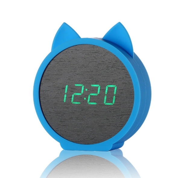 Creative Cat Shape Children Environmental Protection Silicone Wooden Silent LED Electronic Alarm Clock, Style:Upgrade(Green Light + Blue)