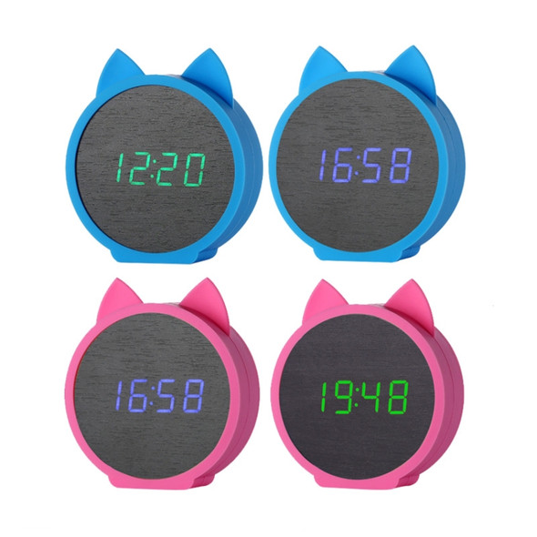 Creative Cat Shape Children Environmental Protection Silicone Wooden Silent LED Electronic Alarm Clock, Style:Upgrade(Green Light + Pink)