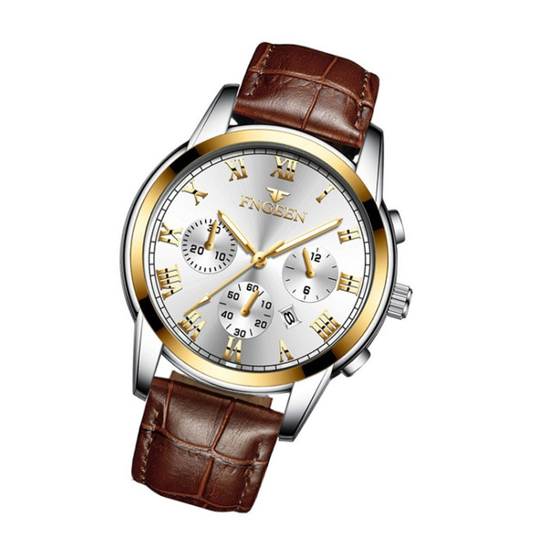 FNGEEN 4006 Men Automatic Mechanical Watch Waterproof Quartz Watch(Brown Leather Gold White Surface)