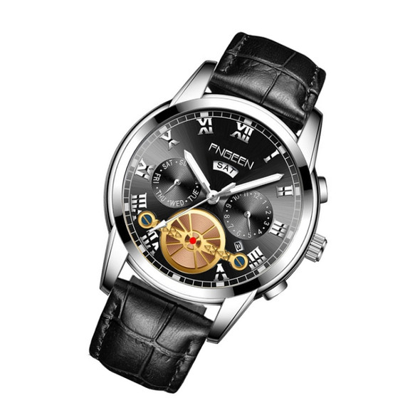 FNGEEN 4001 Men Non-Mechanical Watch Multi-Function Quartz Watch, Colour: Black leather White Steel Black Surface