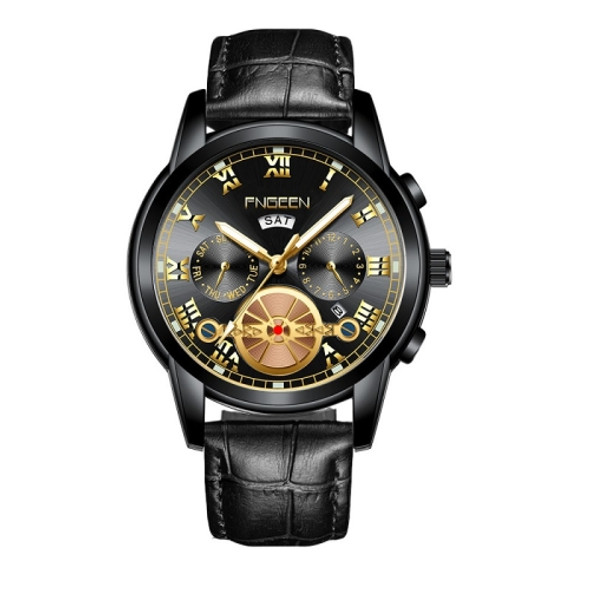 FNGEEN 4001 Men Non-Mechanical Watch Multi-Function Quartz Watch, Colour: Black Leather Black Steel Black Surface