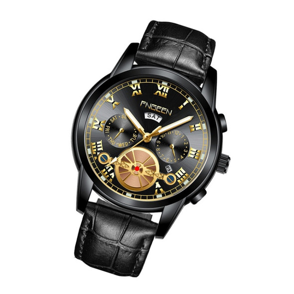 FNGEEN 4001 Men Non-Mechanical Watch Multi-Function Quartz Watch, Colour: Black Leather Black Steel Black Surface