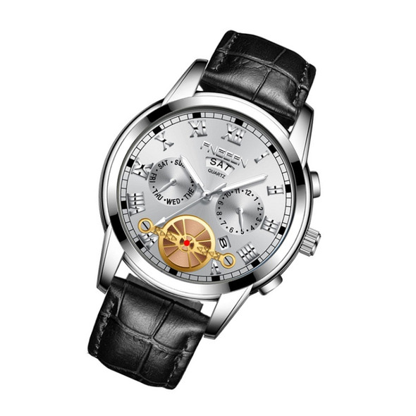 FNGEEN 4001 Men Non-Mechanical Watch Multi-Function Quartz Watch, Colour: Black Leather White Steel White Surface