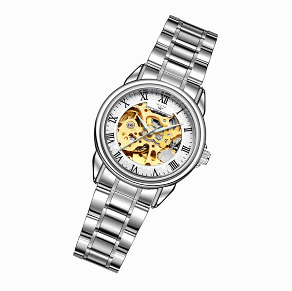 FNGEEN 8866 Woman Waterproof Watch Fashion Double-Sided Hollow Automatic Mechanical Watch(White Steel White Surface)