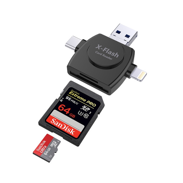 X-Flash R01 3 in 1 8 Pin + USB-C / Type-C + Micro USB Interface SD / TF Card Reader(Black)