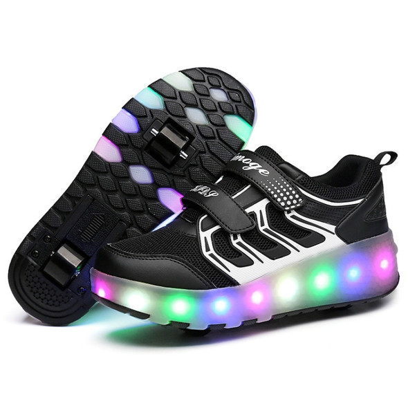 WS01 LED Light Ultra Light Mesh Surface Rechargeable Double Wheel Roller Skating Shoes Sport Shoes, Size : 28(Black)