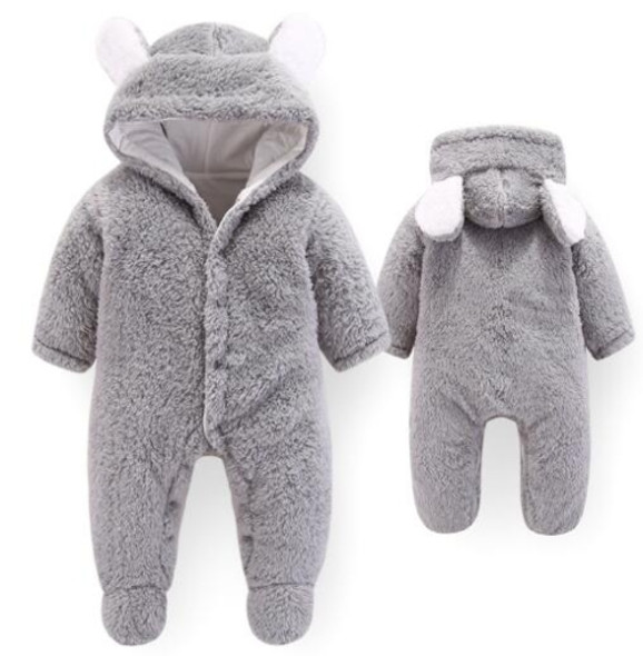 Autumn Winter Baby Rompers Footies Bodysuit Hooded Infant Cotton Jumpsuit Baby Boy Girl Clothing, Kid Size:3M(Gray)