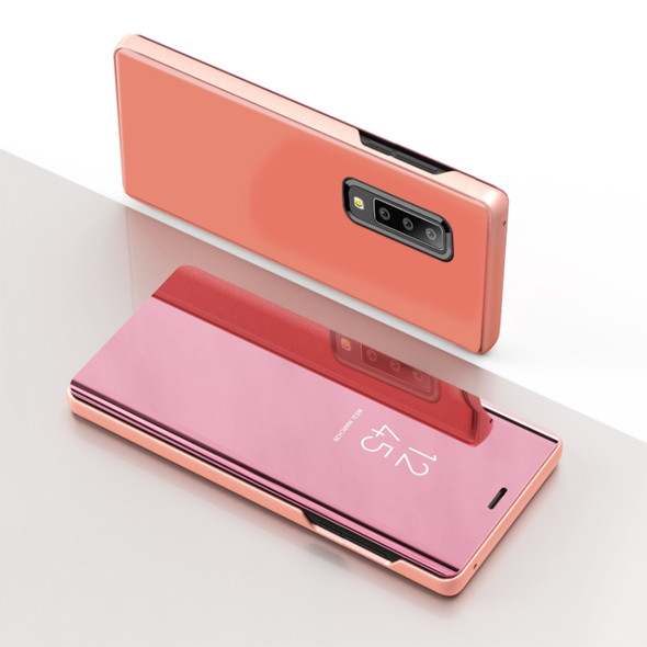 For Galaxy A30s / A50s Plating Mirror Left and Right Flip Cover with Bracket Holster(Rose gold)
