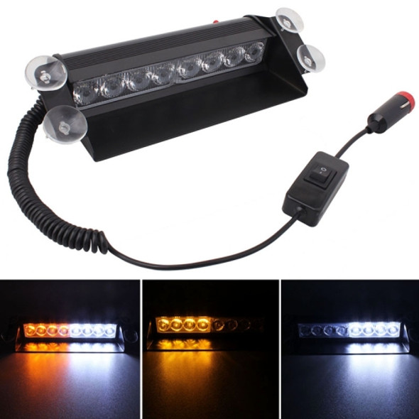 8W 800LM 8-LED White + Yellow Light 3-Modes Adjustable Angle Car Strobe Flash Dash Emergency Light Warning Lamp with Suckers, DC 12V