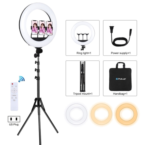 PULUZ 18 inch 46cm Ring Light + 1.8m Tripod Mount USB 3 Modes Dimmable White Light LED Curved Surface Ring Vlogging Photography Video Lights Kit with Remote Control & 3 x Phone Clamps(US Plug)