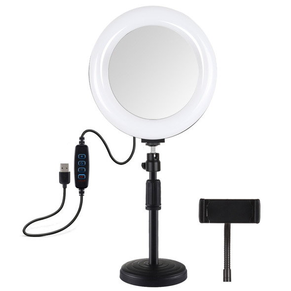 PULUZ 7.9 inch 20cm Mirror Light + Round Base Desktop Mount 3 Modes Dimmable Dual Color Temperature LED Curved Light Ring Vlogging Selfie Photography Video Lights with Phone Clamp(Black)