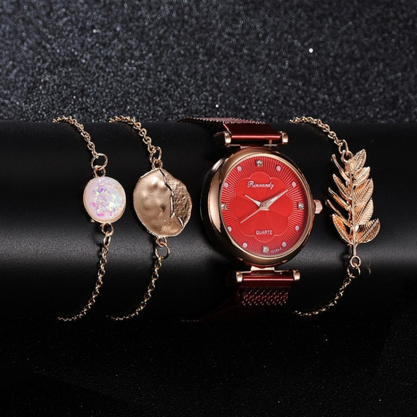 Ladies Magnet Buckle Watch Casual Flower Dial Watch Alloy Mesh Quartz Watch(Red+No.2 Bracelet)