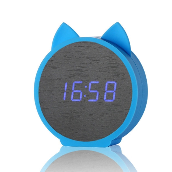 Creative Cat Shape Children Environmental Protection Silicone Wooden Silent LED Electronic Alarm Clock, Style:Upgrade(Blue Light + Blue)