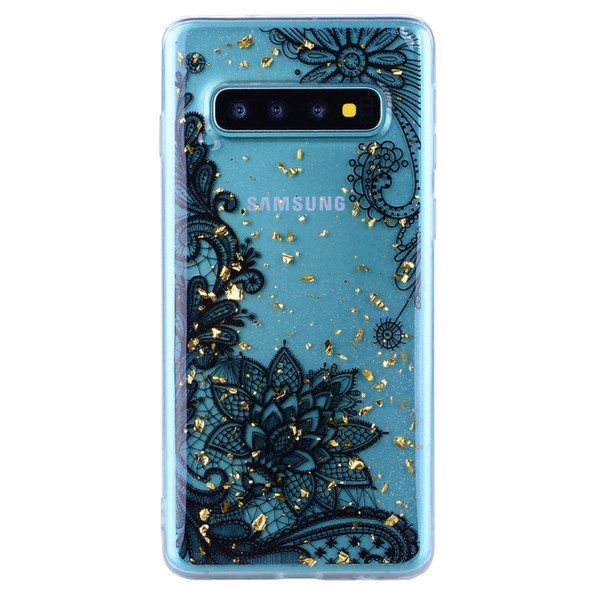 Cartoon Pattern Gold Foil Style Dropping Glue TPU Soft Protective Case for Galaxy S10(Black Lace)